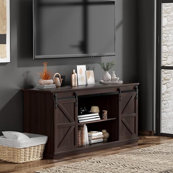 Farmhouse TV Stand for 65 Inch TV with Sliding Barn Doors