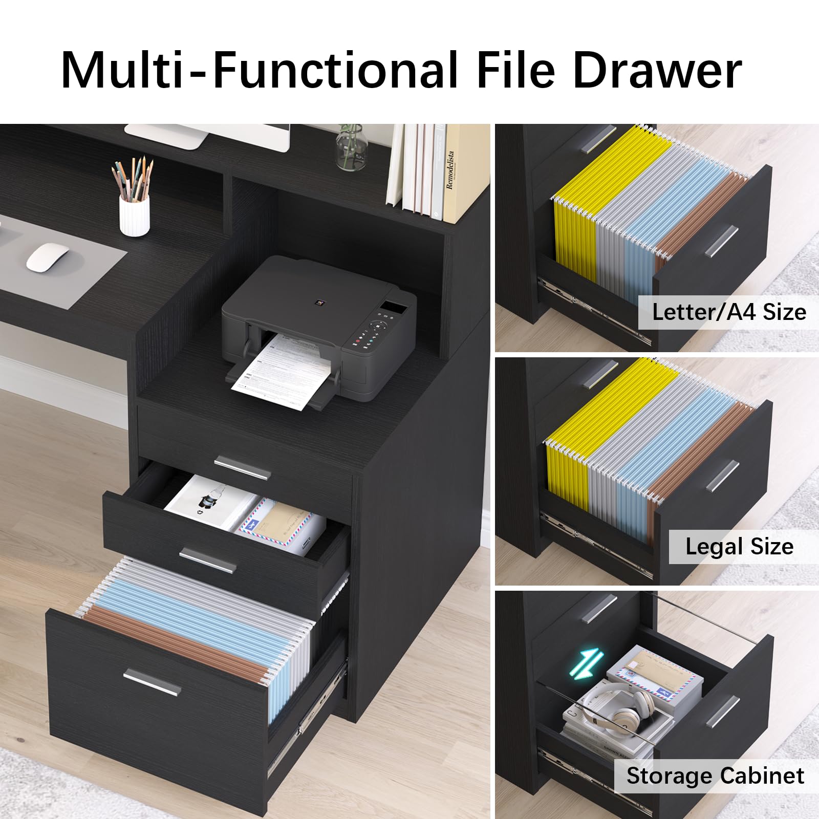 Computer Desk with 3 Drawer Storage Shelves and File Cabinet