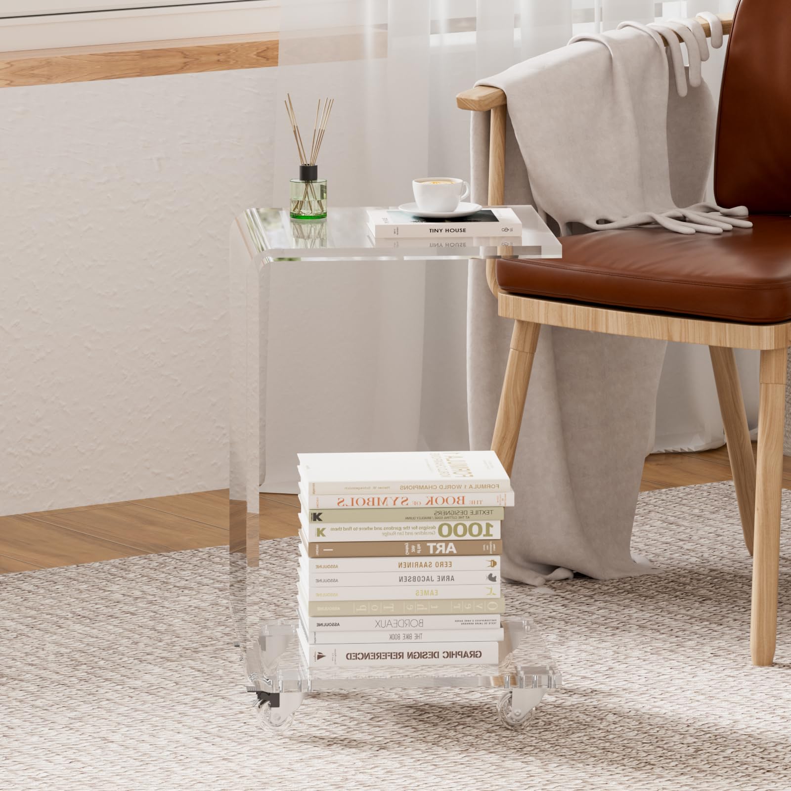 Acrylic C-Shaped Side Table with Wheels