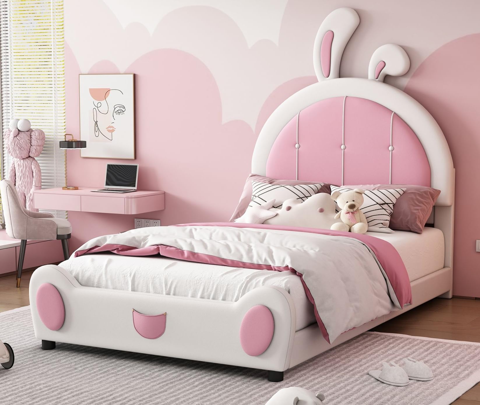 Twin Platform Bed Frame with Rabbit Shaped Upholstered Headboard
