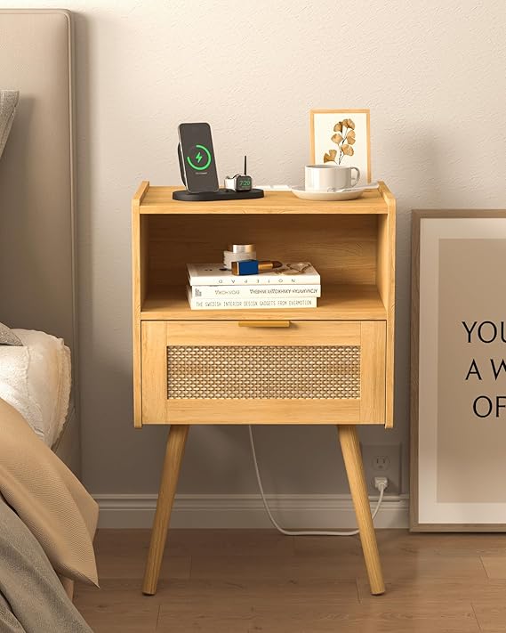 Rattan Nightstand with Charging Station