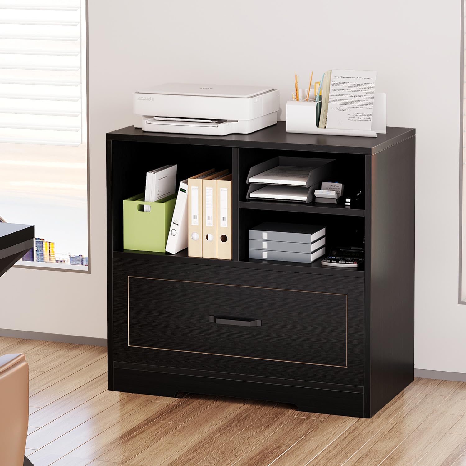 Lateral Filing Cabinet with Drawer and Storage Shelves