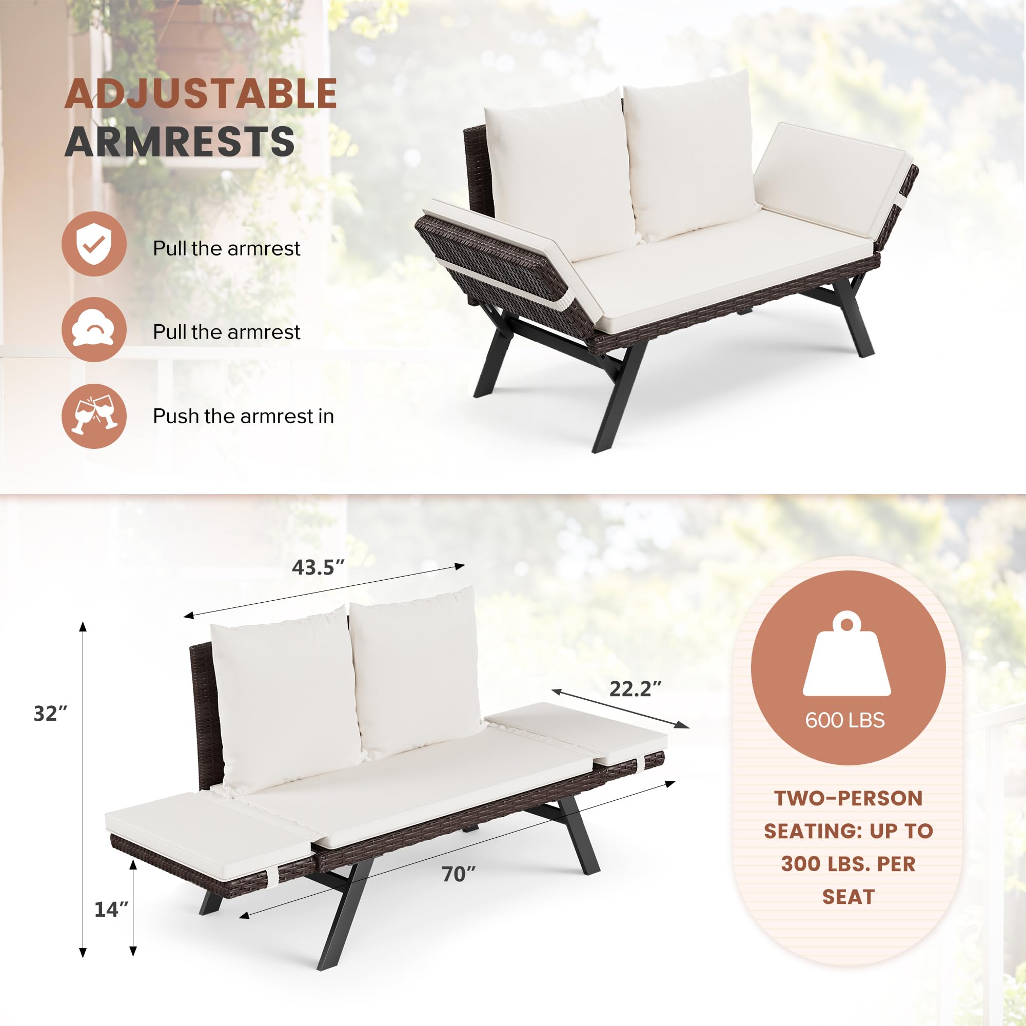 Outdoor Convertible Rattan Sofa Daybed