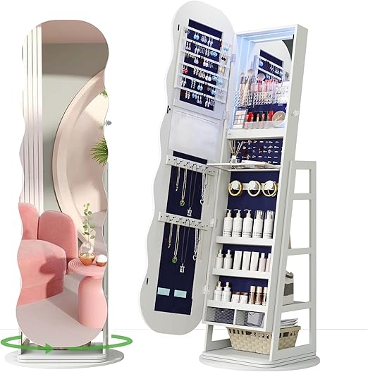 Full Length Mirror Jewelry Cabinet with LED Lights and Storage