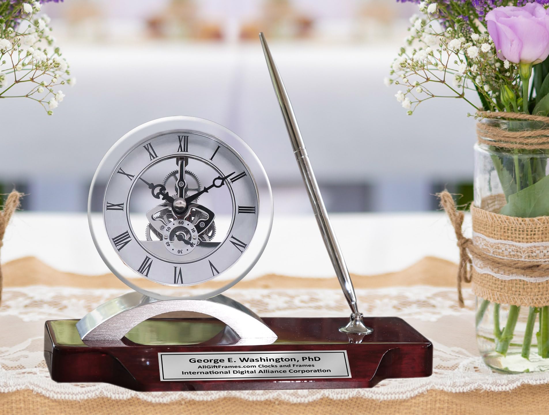 Desk Clock Pen Set with Gear Display and Wood Stand