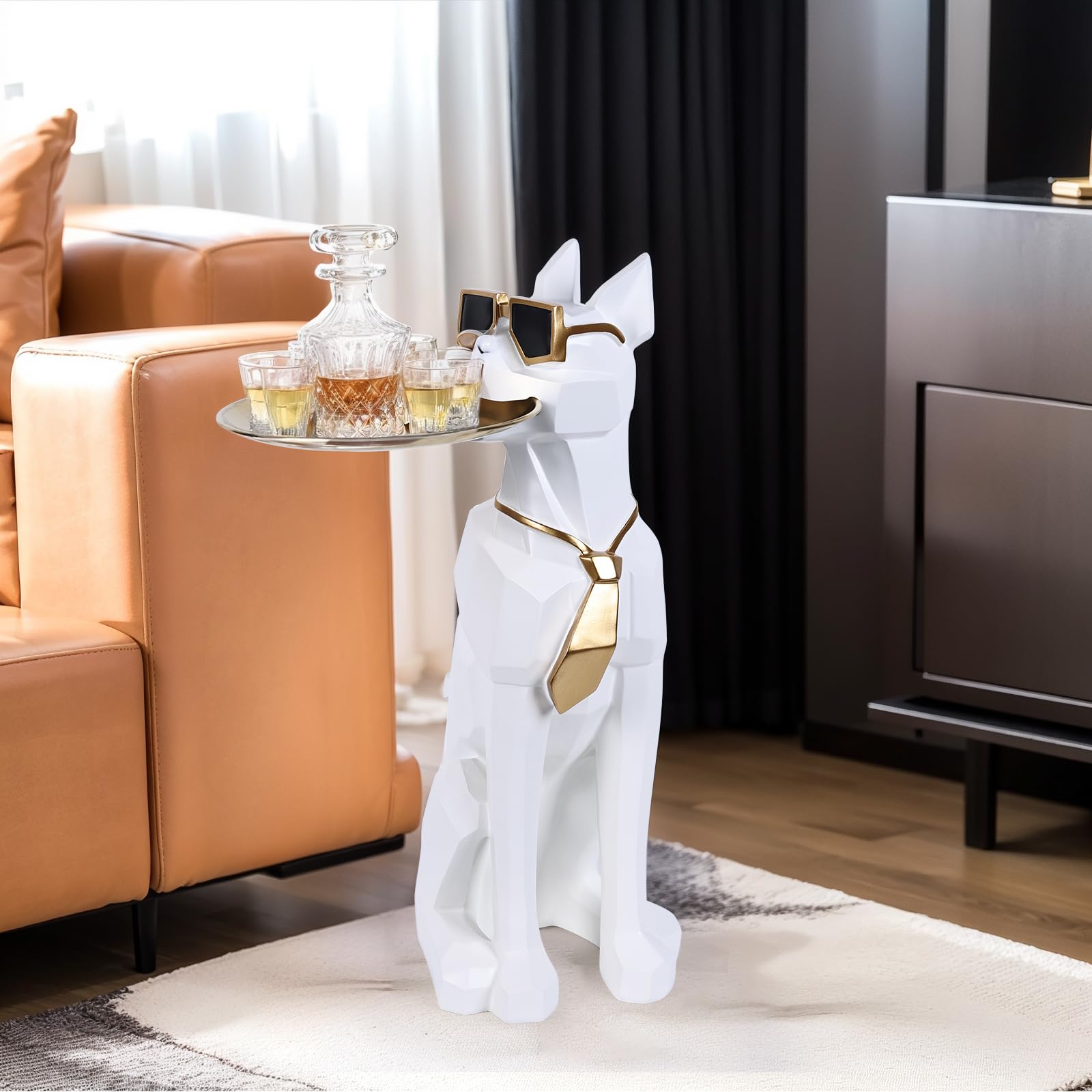 Resin Dog Side Table with Tray and Tissue Box Holder