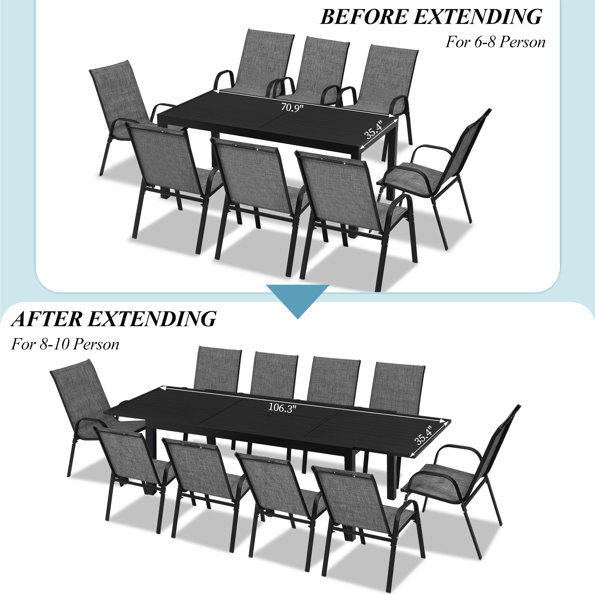 Expandable Aluminum Outdoor Dining Table with Umbrella Hole