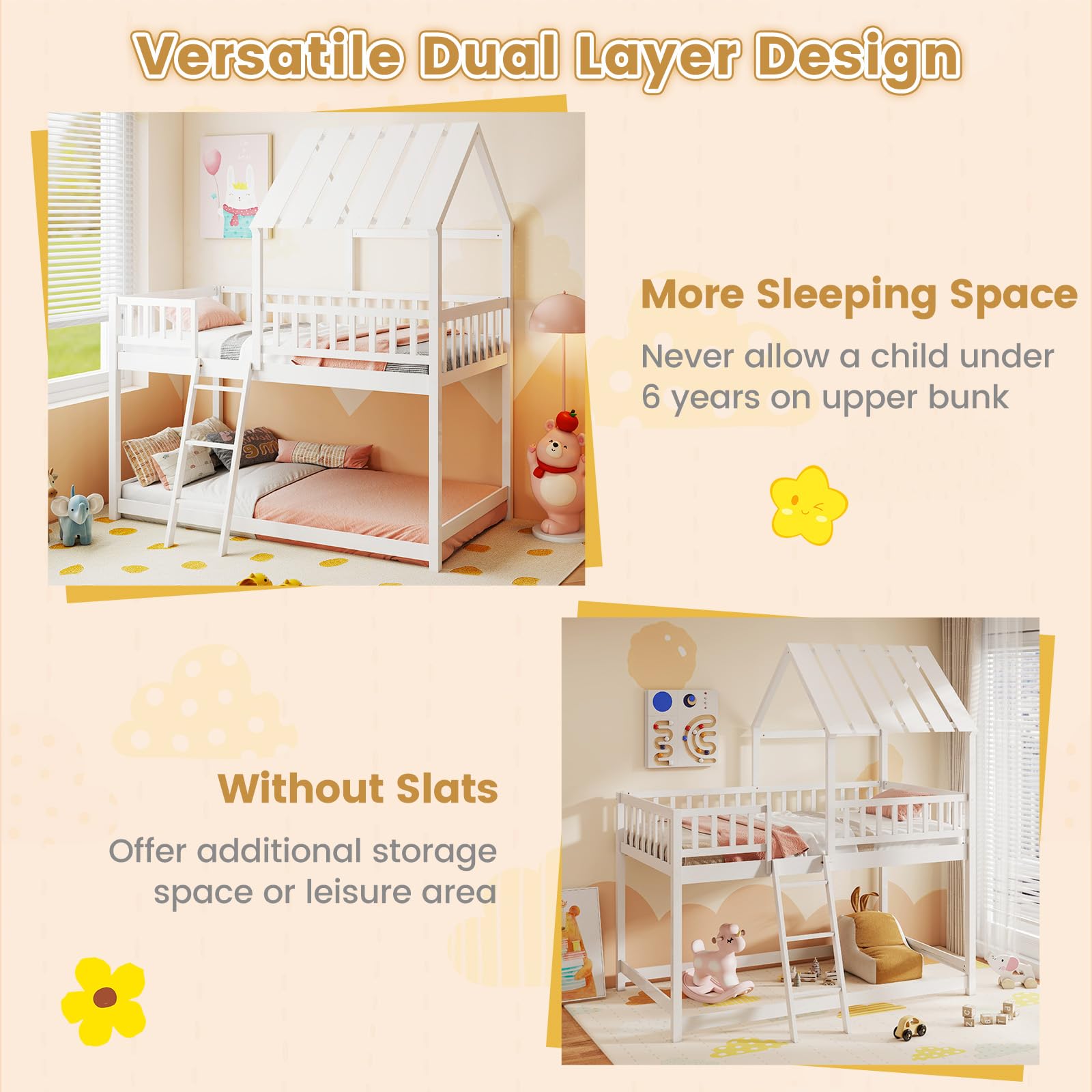 Twin Over Twin House Bunk Bed with Roof