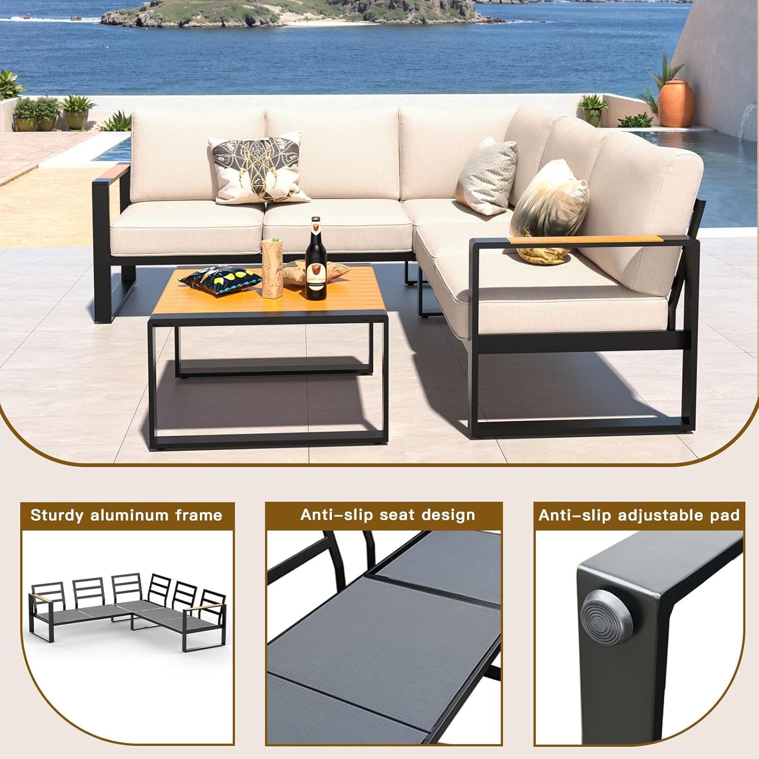 Aluminum Patio Furniture Set L-Shaped Sectional with Teak Coffee Table