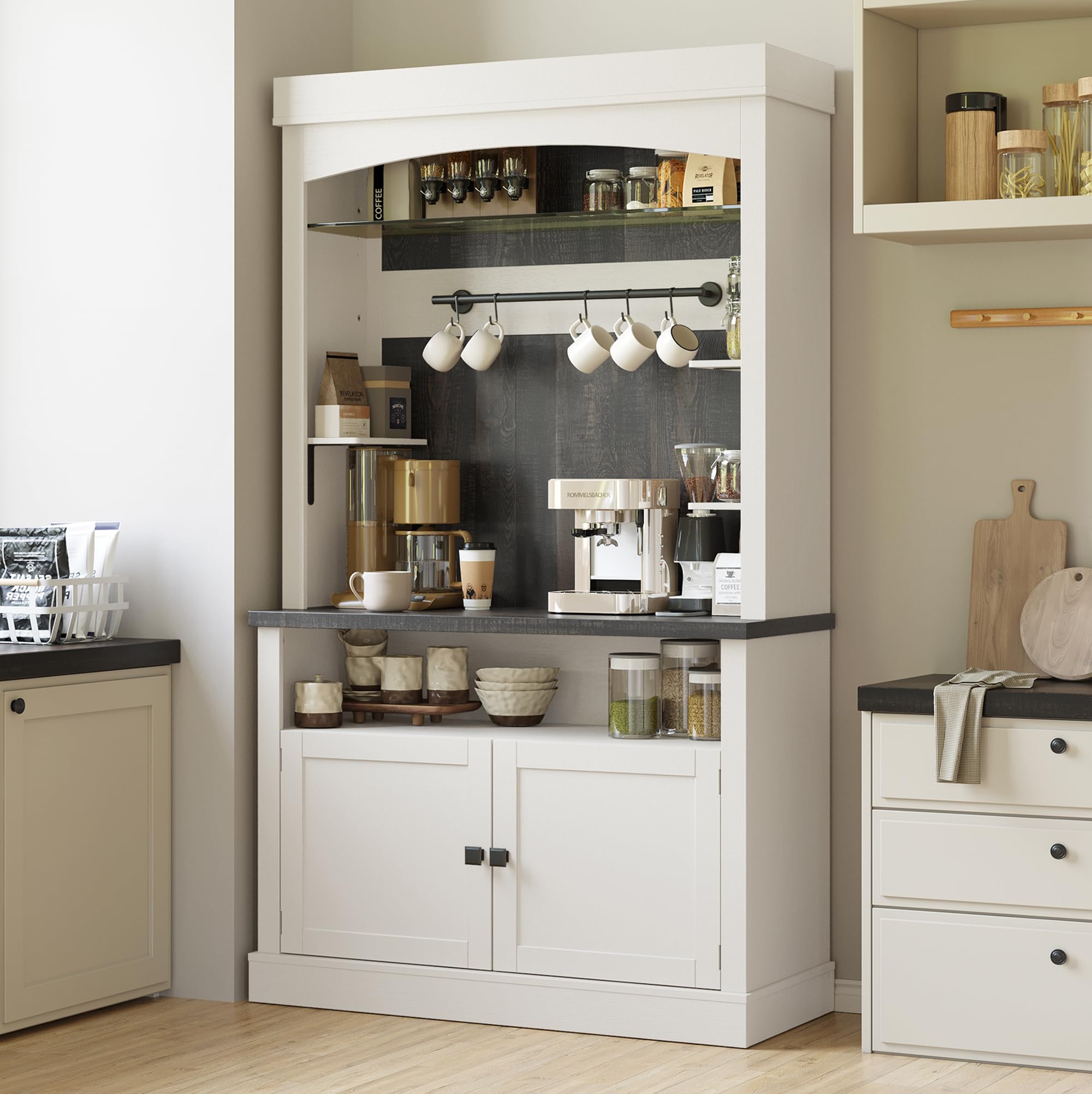 Coffee Bar Cabinet with LED Lights 72" Tall Buffet Hutch