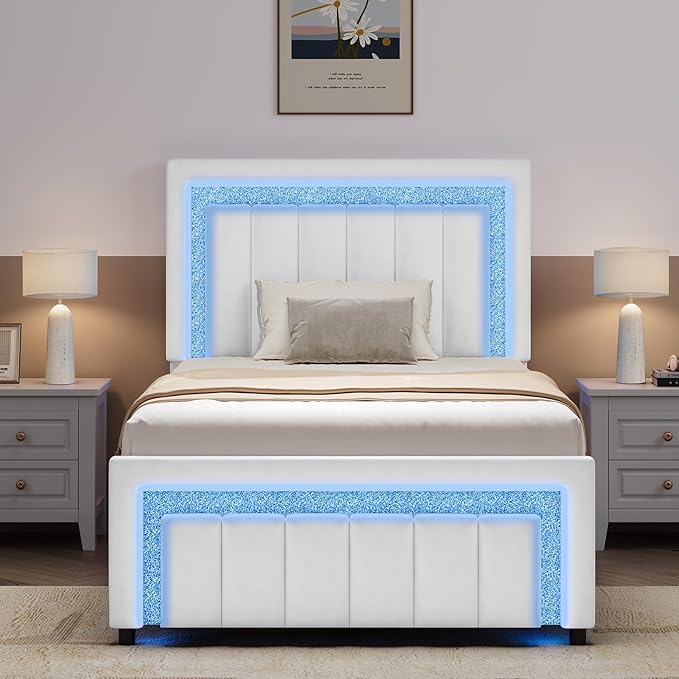 Queen LED Bed Frame with Diamond Tufted Headboard