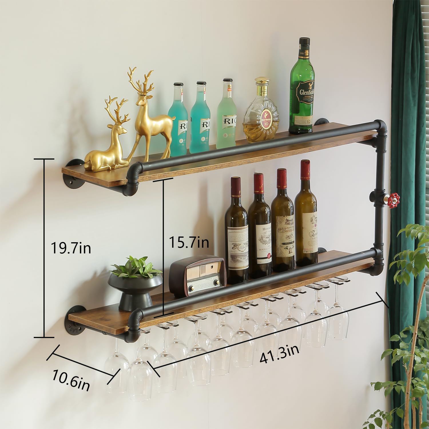 Wall Mounted Wine Rack 2 Tier with Glass Holder