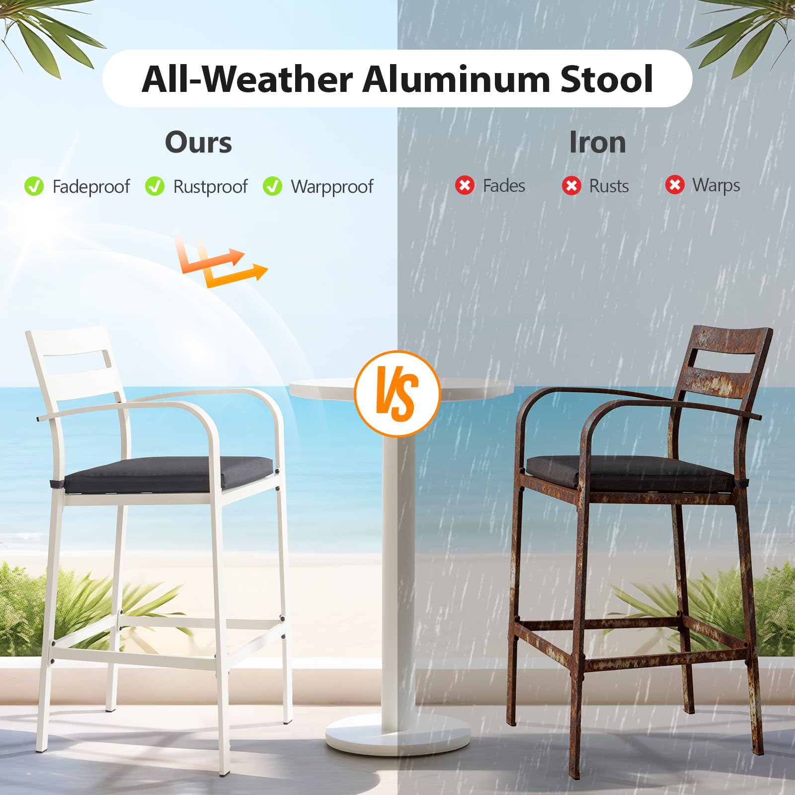 VINGLI Outdoor Bar Stools Set of 2, All-Weather Bar Height Aluminum Stools with 1.6" Thick Cushion, Rust-Proof Patio Chairs for Backyard, Poolside, Balcony & Kitchen Island (White)