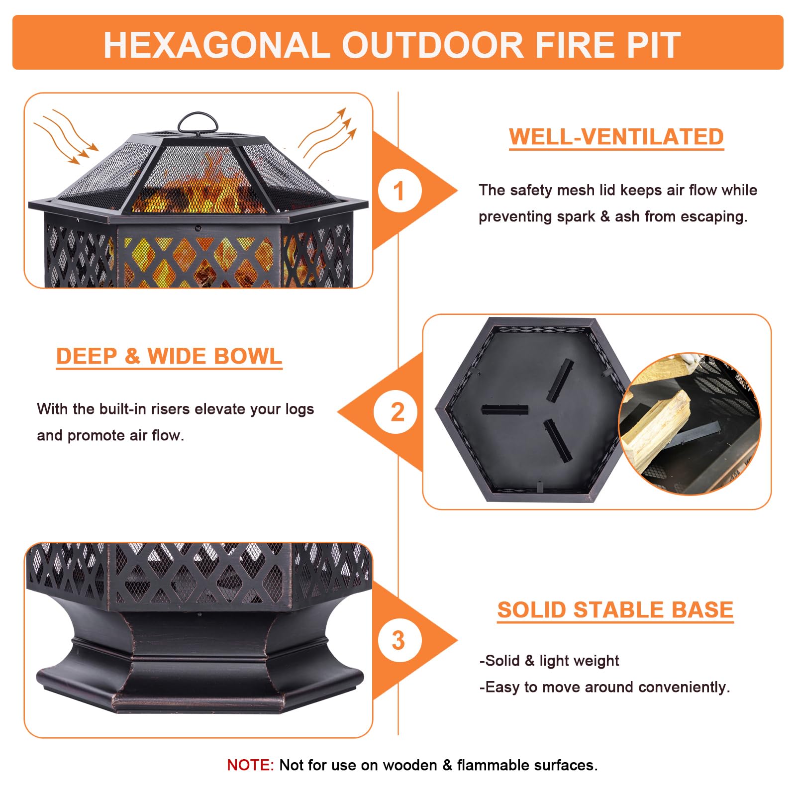28-Inch Hexagon Outdoor Fire Pit - Wood Burning