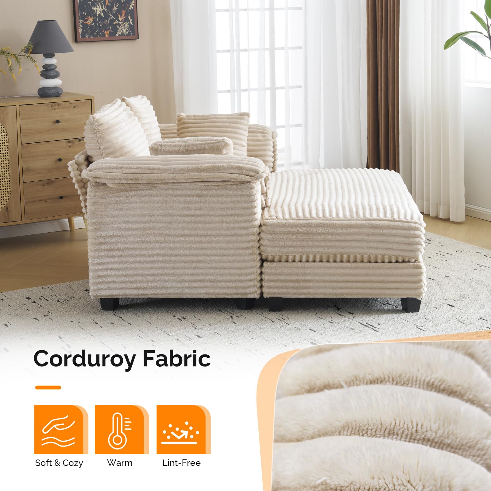 56" Oversized Chaise Lounge Chair - Beige Corduroy Sleeper Sofa
