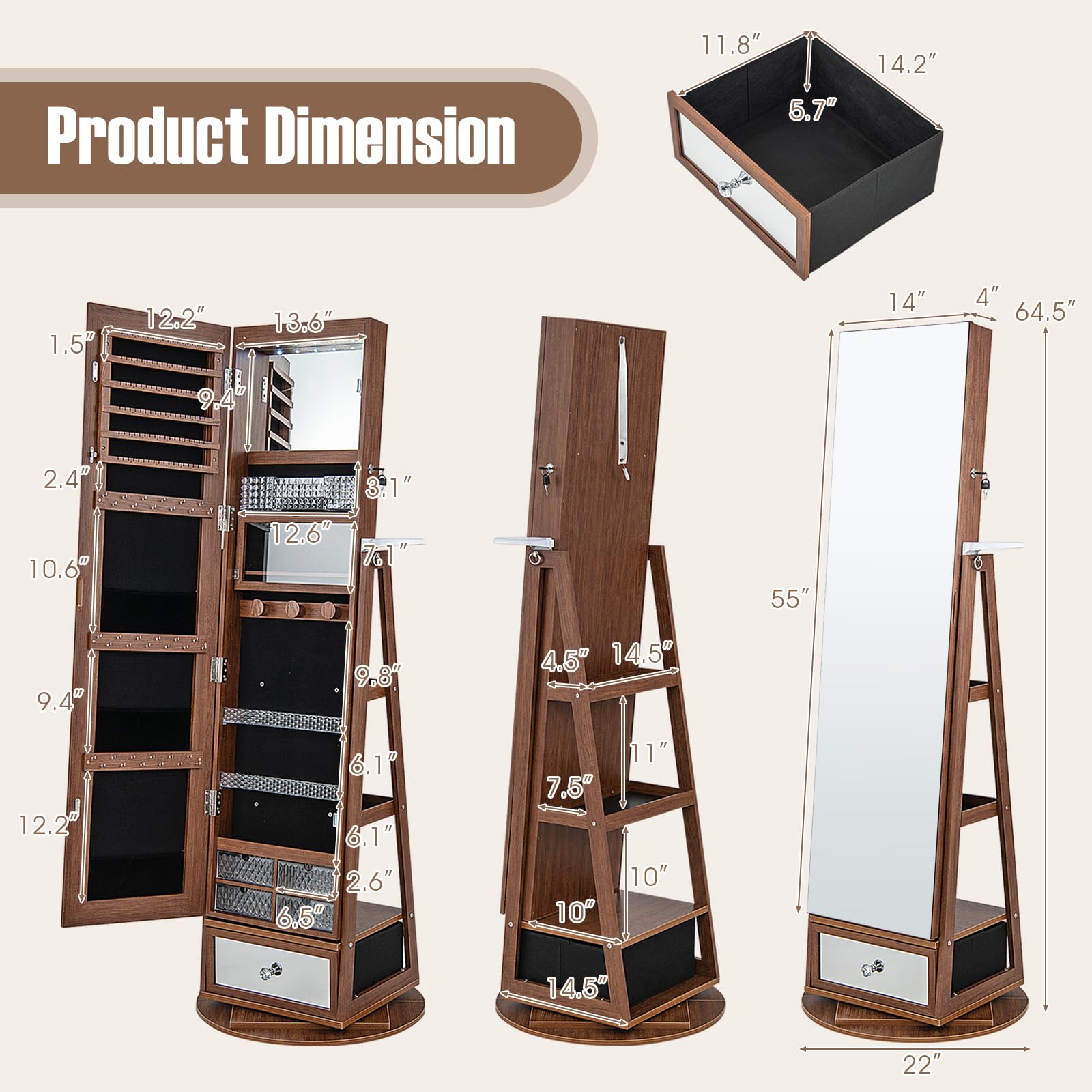 360° Swivel Jewelry Cabinet Armoire with Full Length Mirror