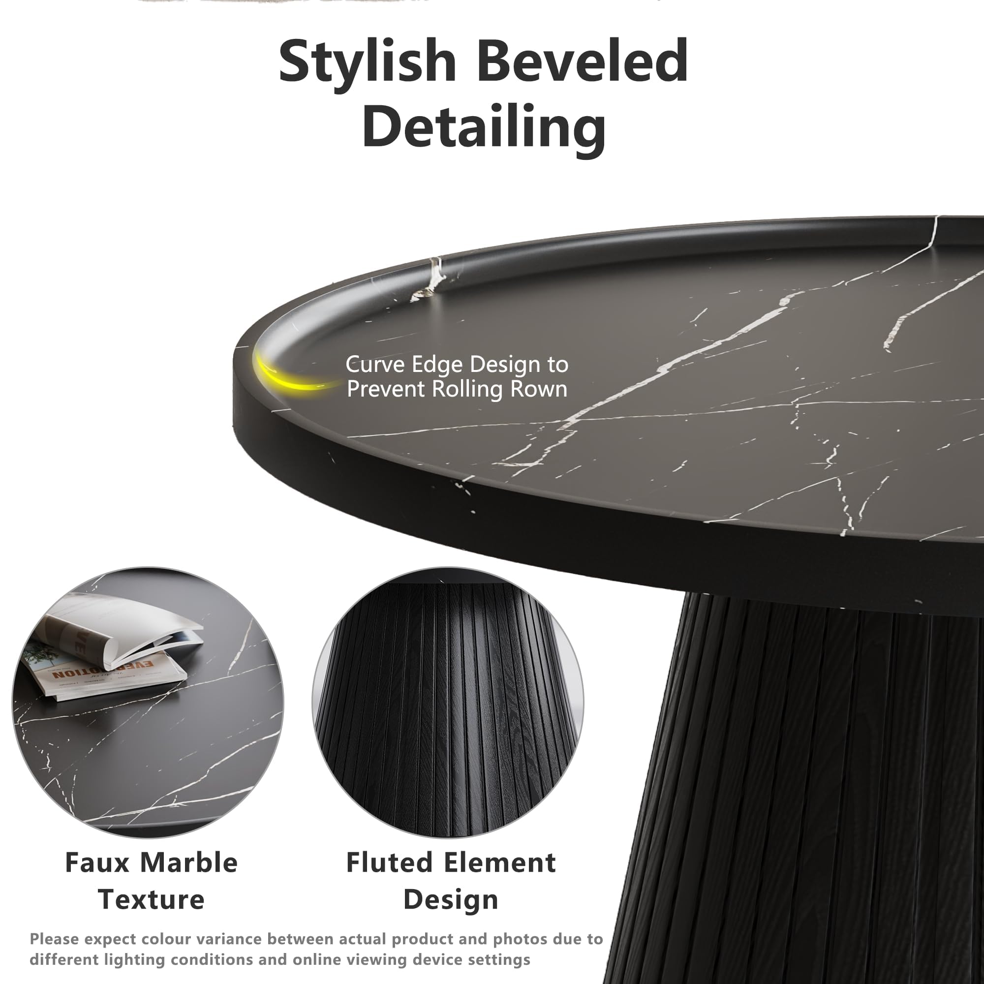 win2win Nesting Coffee Table Set of 2, Modern Coffee Table with Marble Veneer, Fluted Round Tea Table and End Table Set, Minimalist Center Tables for Living Room, Office, Black