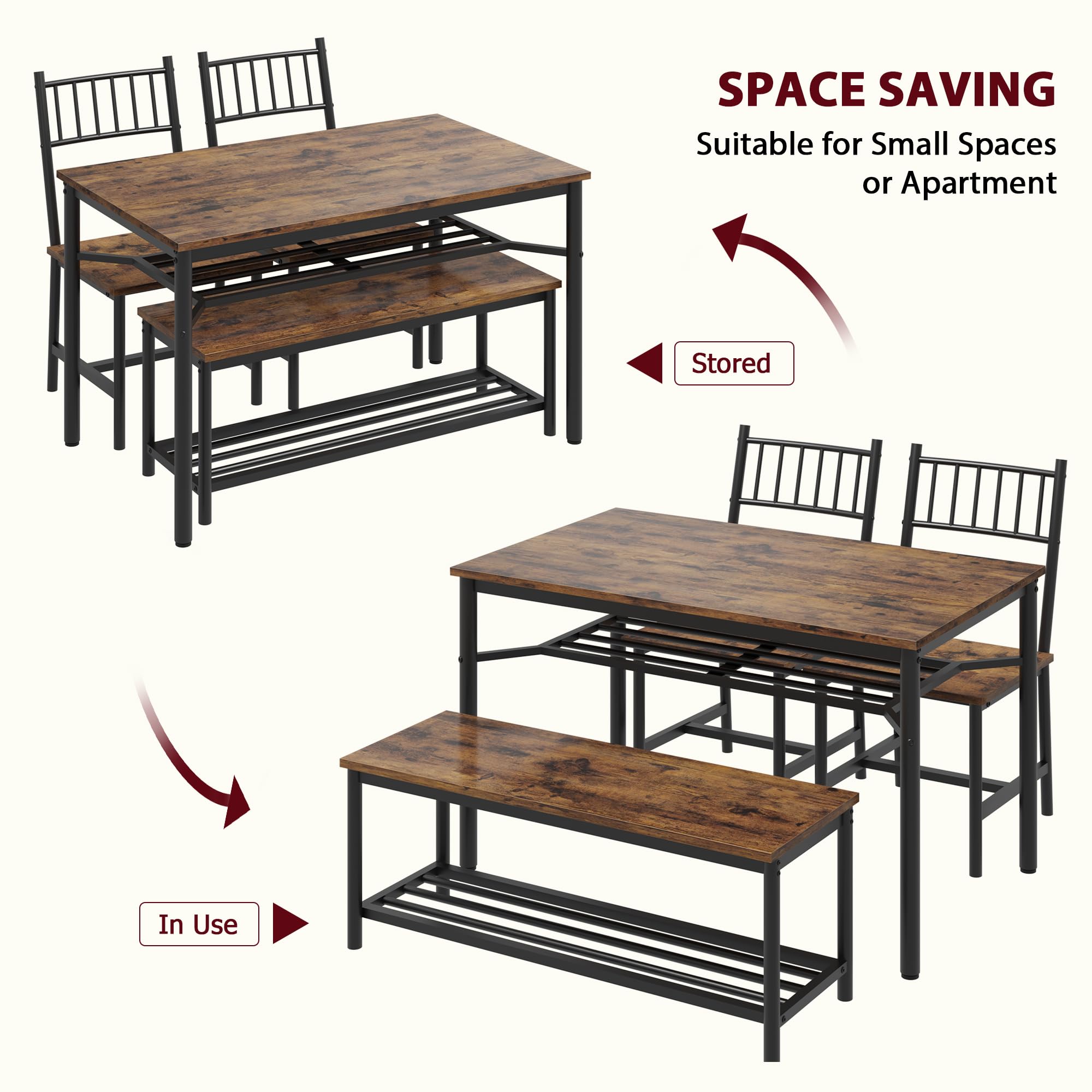 4-Piece Dining Table Set with Bench and Chairs
