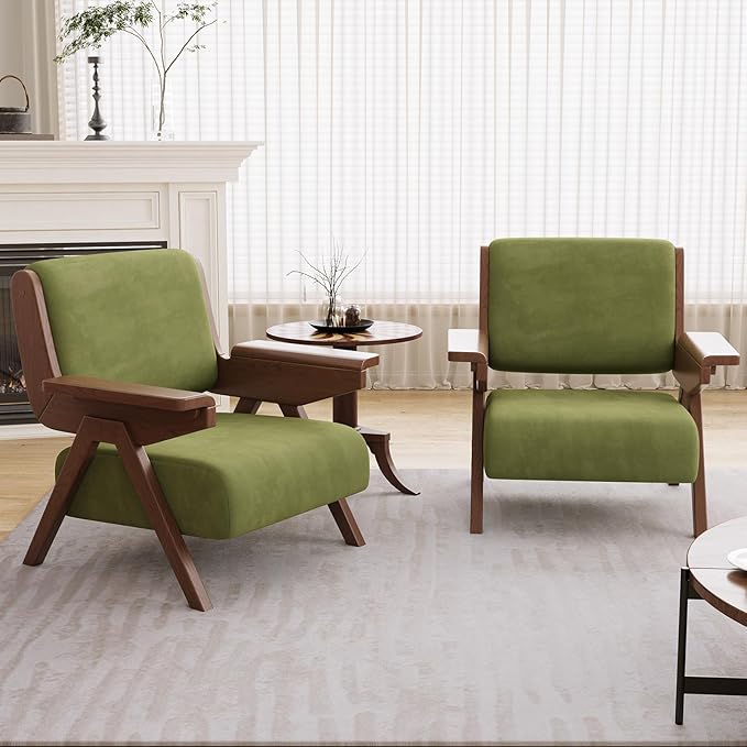 Velvet Accent Chair Solid Wood Frame Green