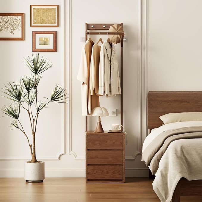 Freestanding Coat Rack with 2 Drawers and 6 Hooks