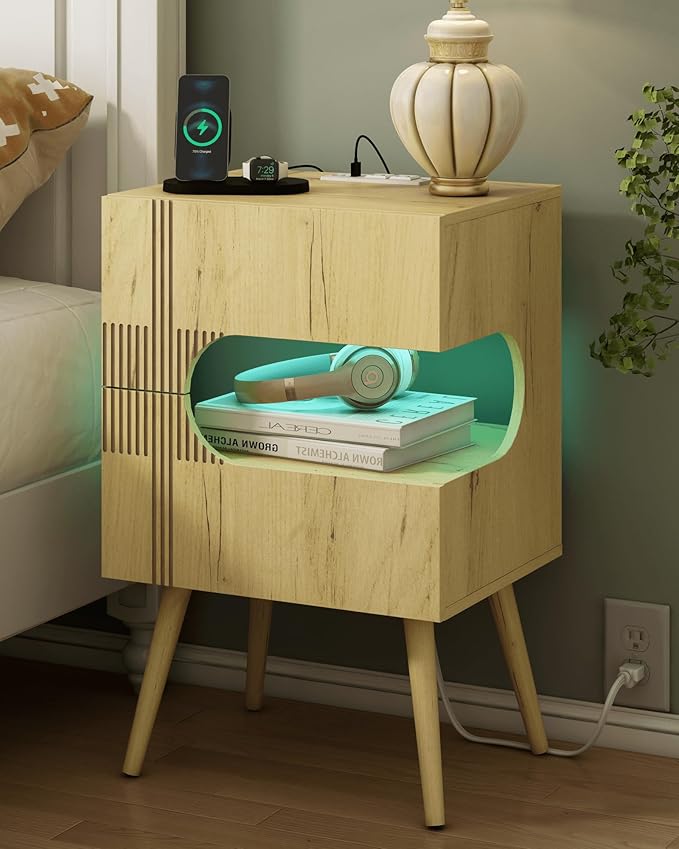 Nightstand with Charging Station and LED Lights