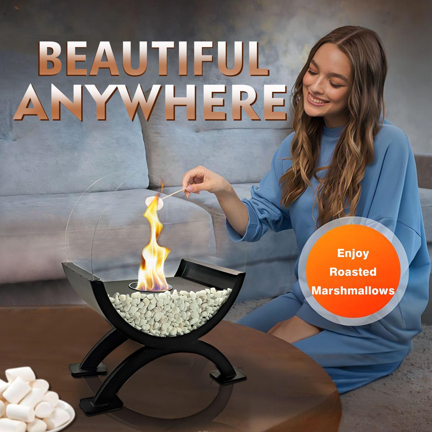 Round Glass Tabletop Fireplace with Tempered Glass
