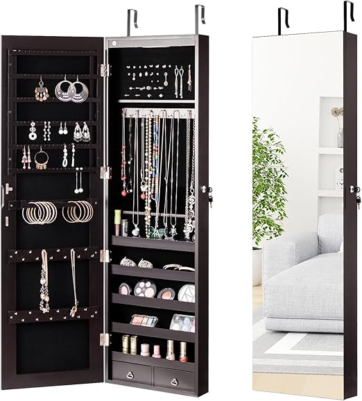 Mirrored Jewelry Armoire with Full-Length Mirror and LED Lights