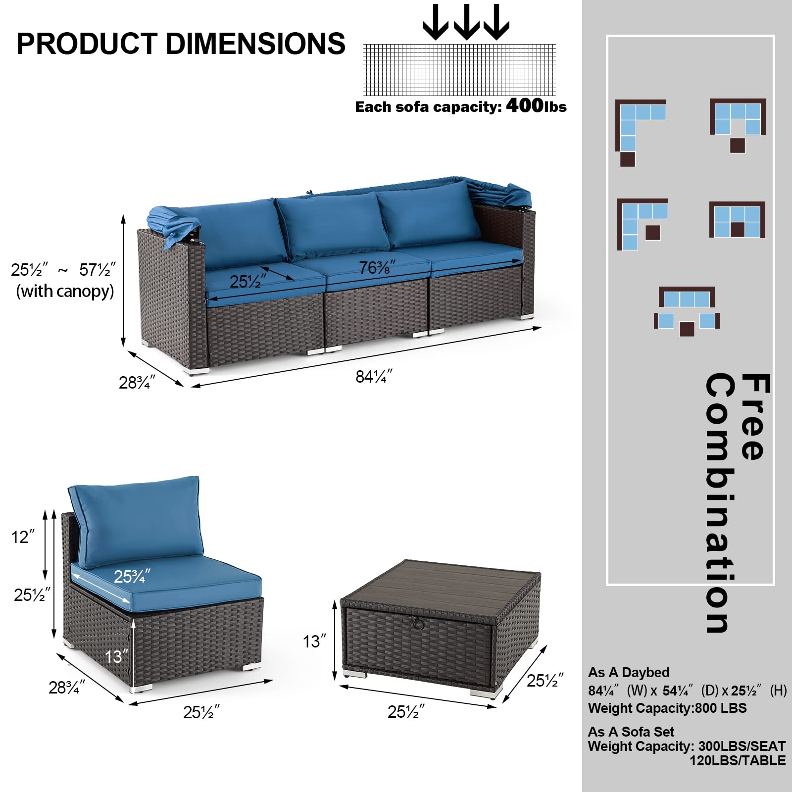 6-Piece Patio Sectional Sofa Set with Retractable Canopy