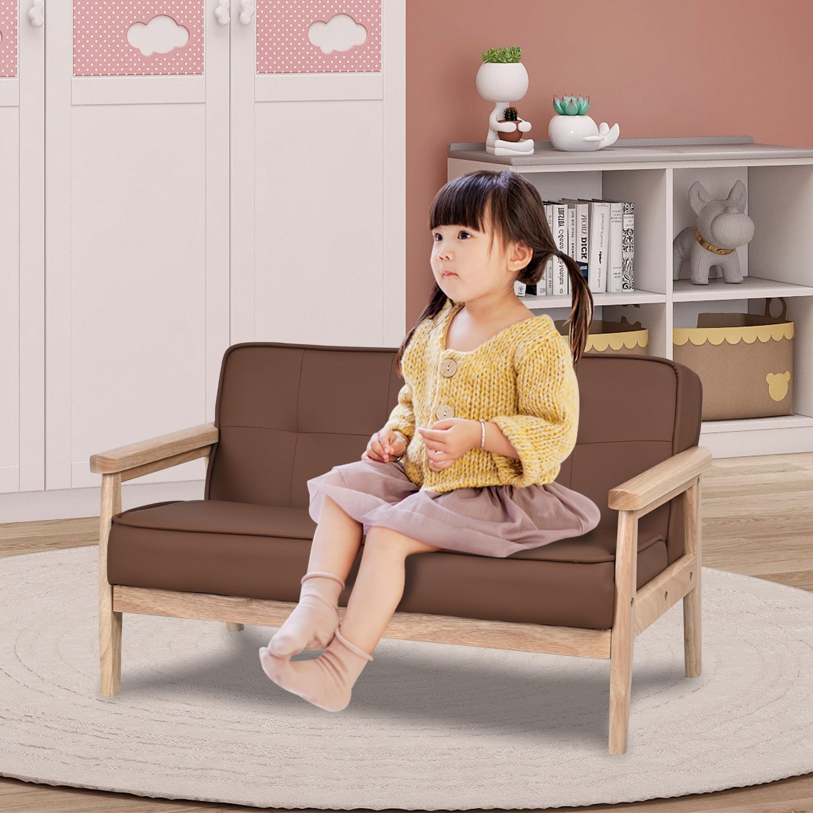 Yoonnie room Double Seater Kid Sofa Chair, Kid Couch with Solid Wood Armrest and PU Leather for Kids Rest (Brown)