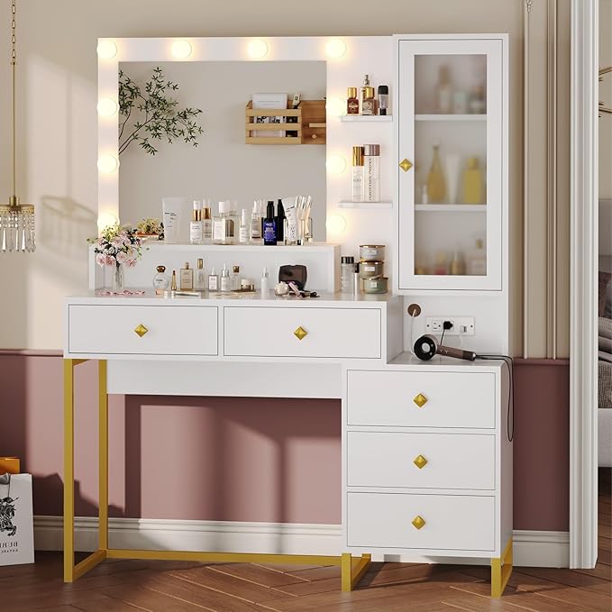 Large Makeup Vanity with Lights and Charging Station