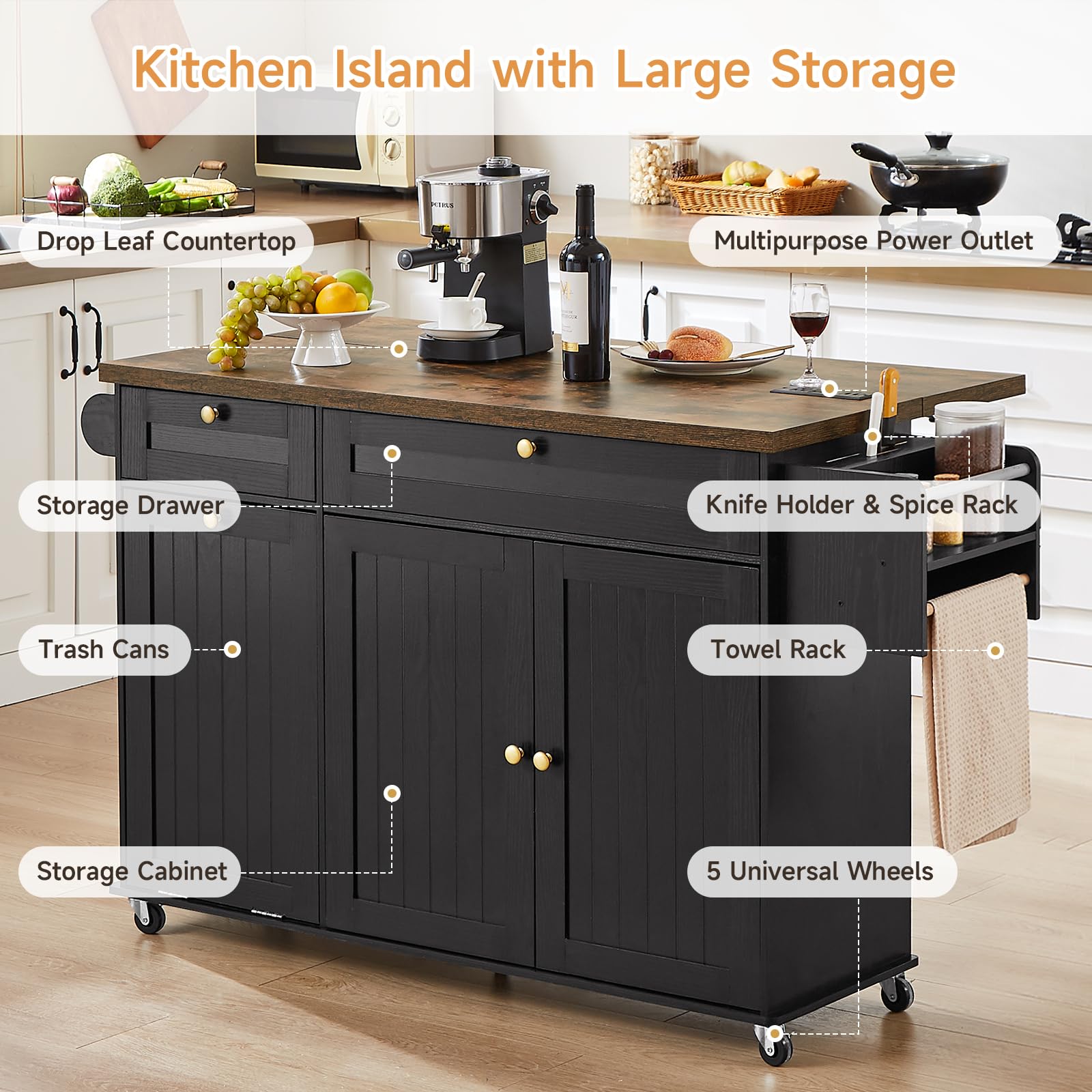 60" Kitchen Island with Power Outlet and Drop Leaf
