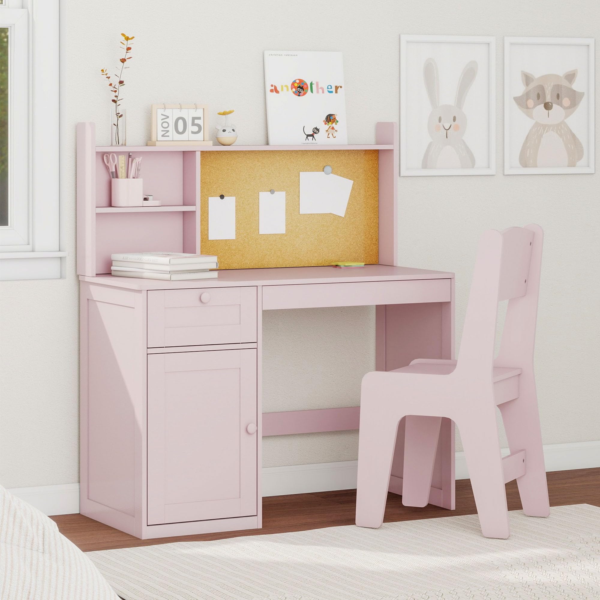 Kids Study Desk with Chair Set - Wooden Table for Ages 5-12 with Hutch and Storage