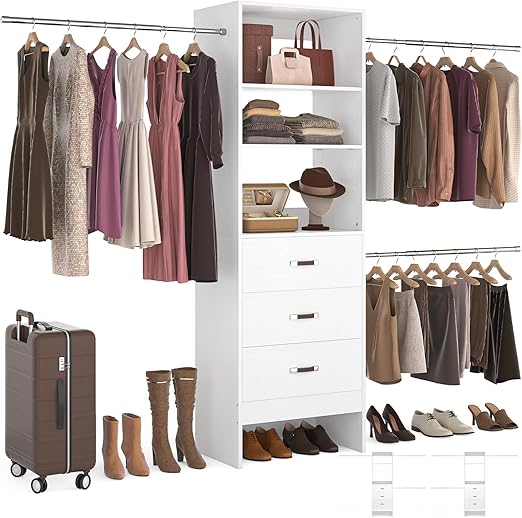 Walk-In Closet Organizer System with Hanging Rods and Drawers