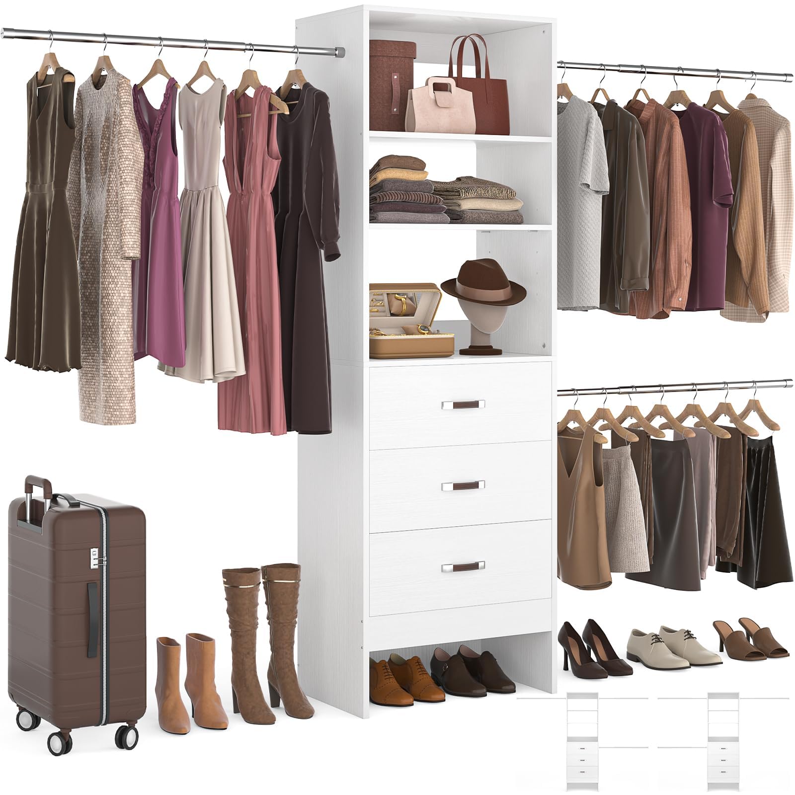 Walk-In Closet Organizer System with Hanging Rods and Drawers