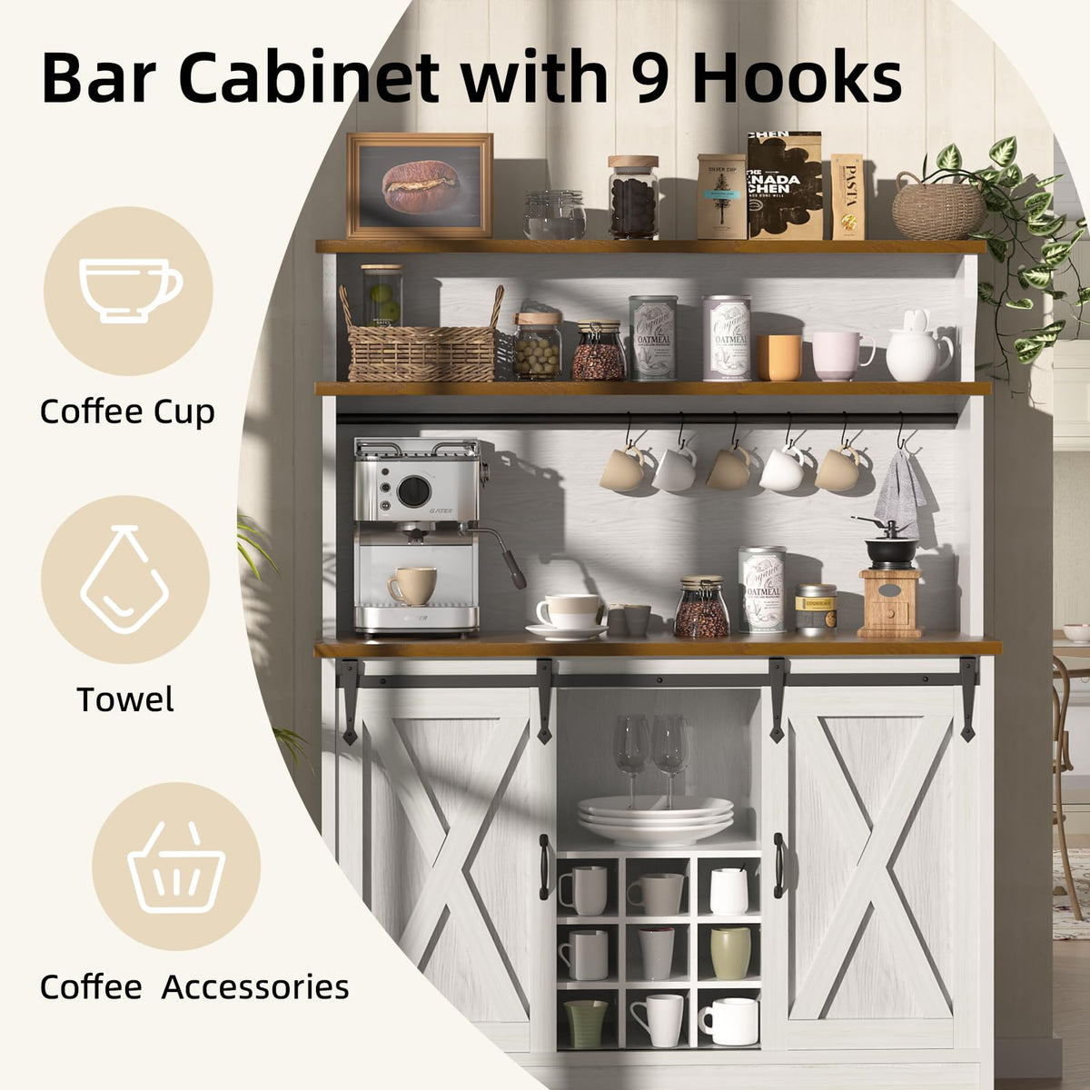 Farmhouse Coffee Bar Cabinet with 3-Tier Storage Hutch