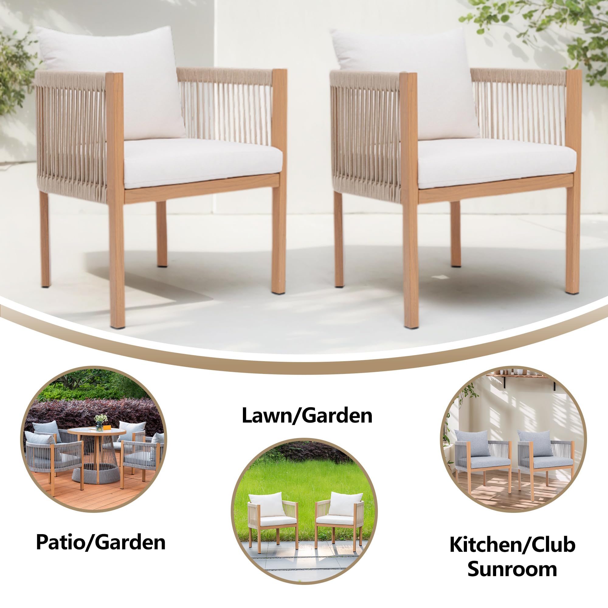 DAYARUS Patio Dining Chairs Set of 6, Rope Rattan Patio Furniture Set, All Weather Outdoor Dining Chairs with Cushions, Metal Barrel Dining Room Chair, Modern Kitchen Chair for Balcony/Porch, Beige