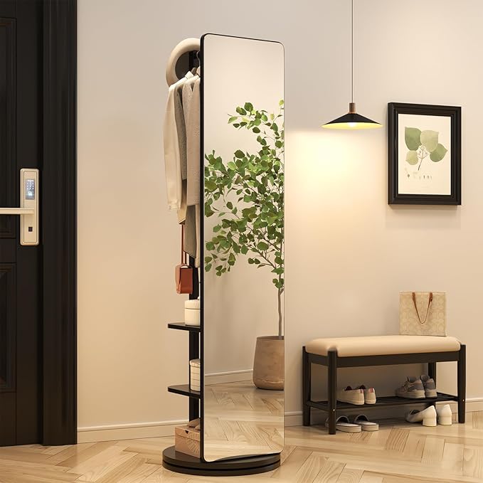 Solid Wood Full Length Mirror Coat Rack with Wheels
