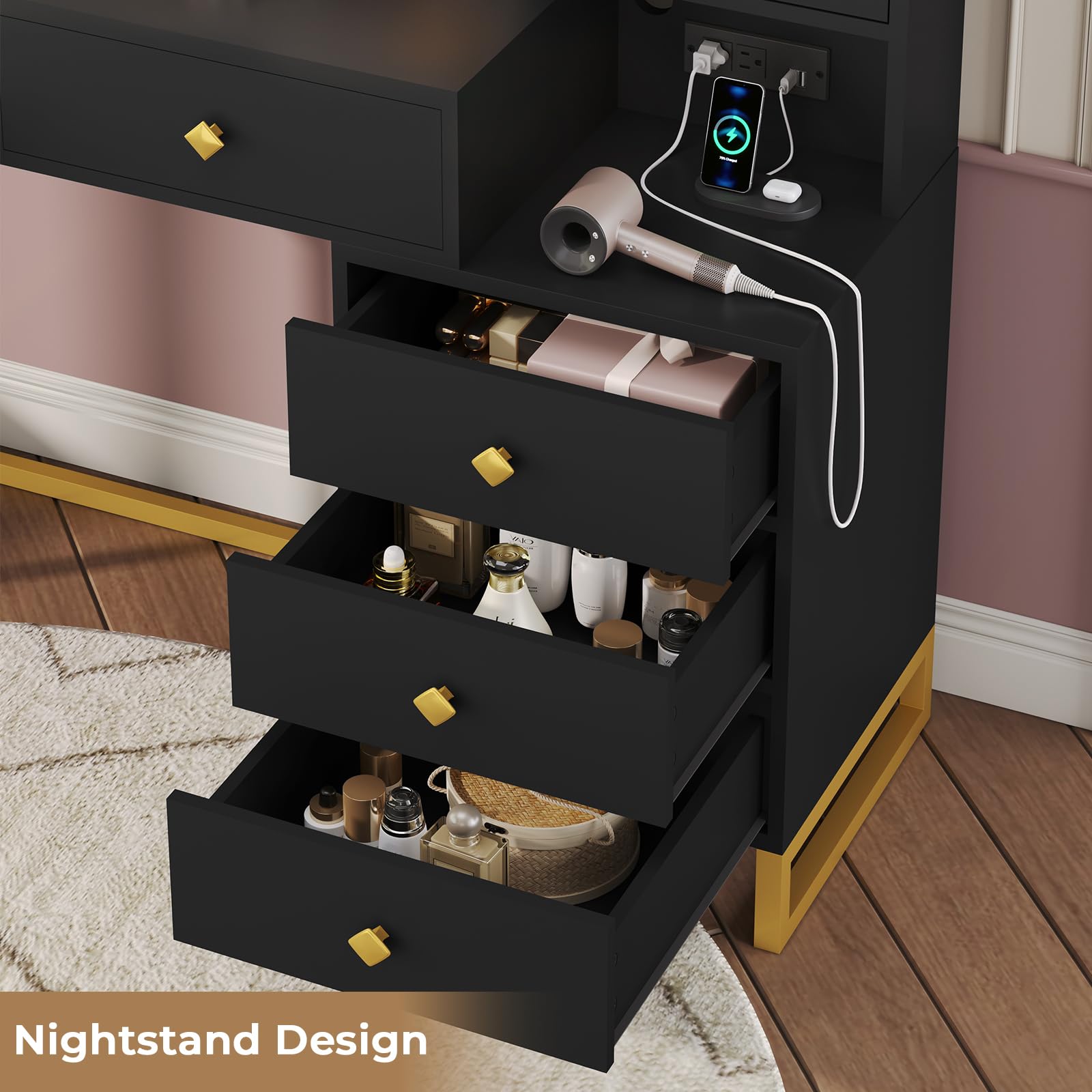 Large Makeup Vanity with Lights and Charging Station