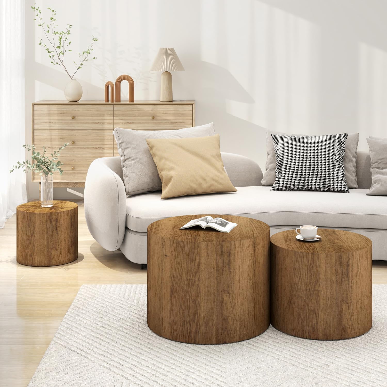 Nesting Coffee Table Set of 3 Round Wooden Tables