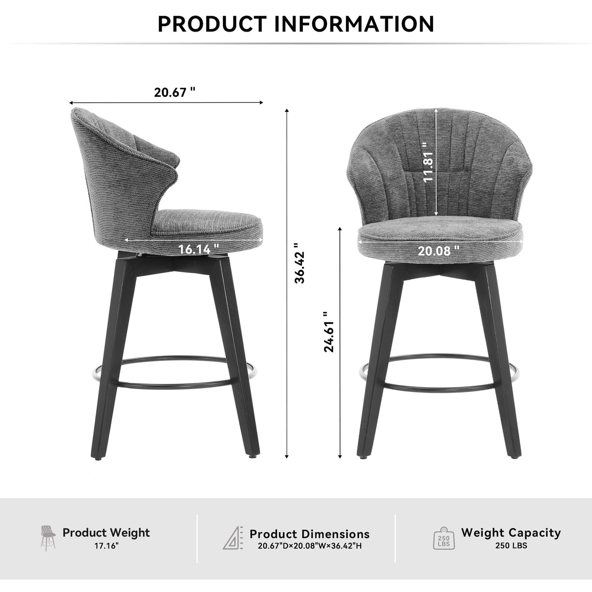 Swivel Barstools Set of 2 - 24 Inch Counter Height