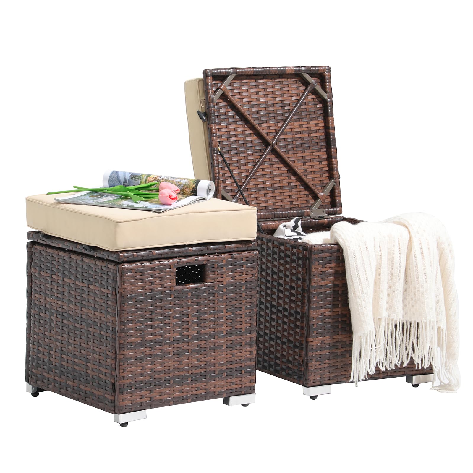 2-Piece Outdoor Patio Storage Ottoman Set - Beige Rattan Wicker