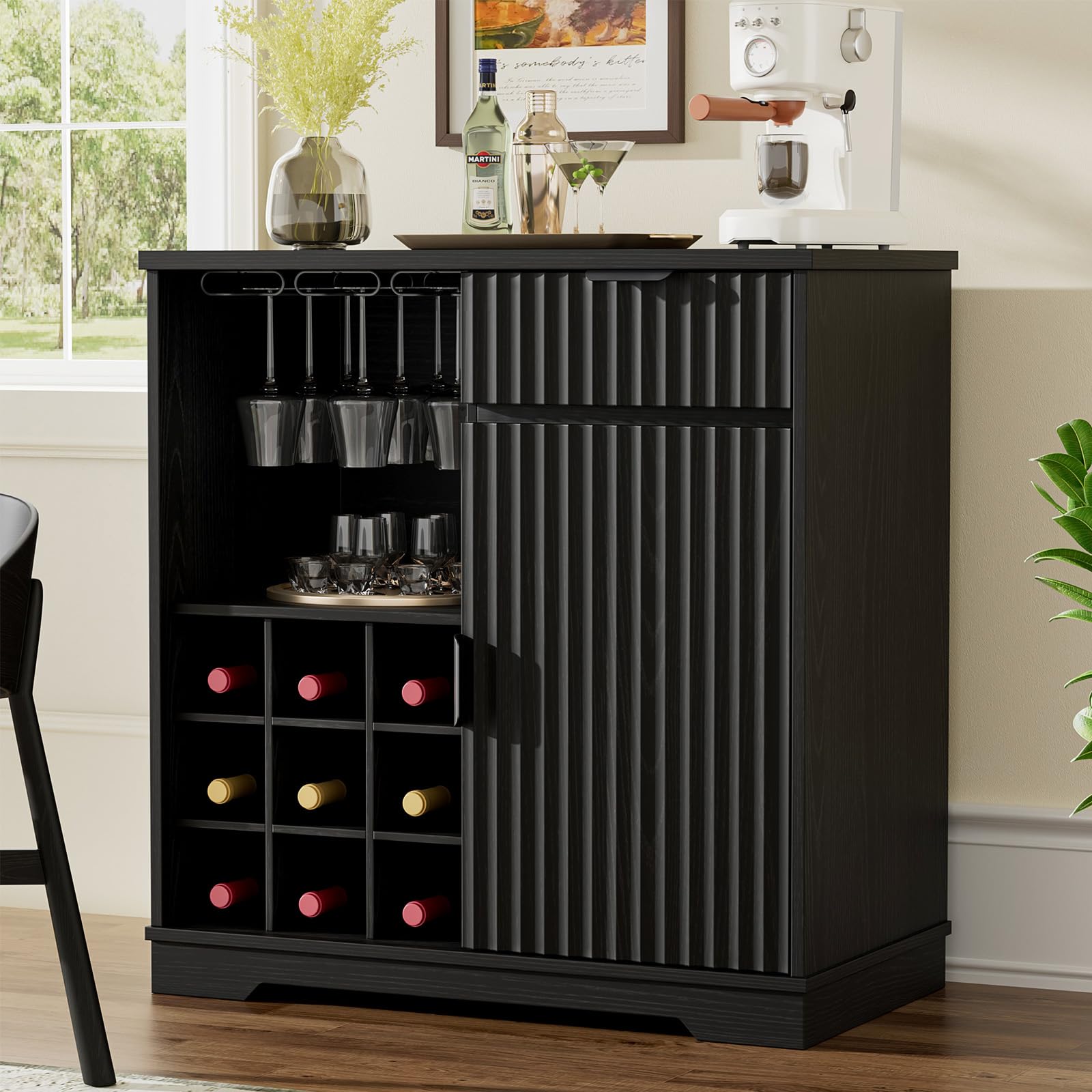 Fluted Coffee Bar Cabinet with Wine Rack & Glass Holder