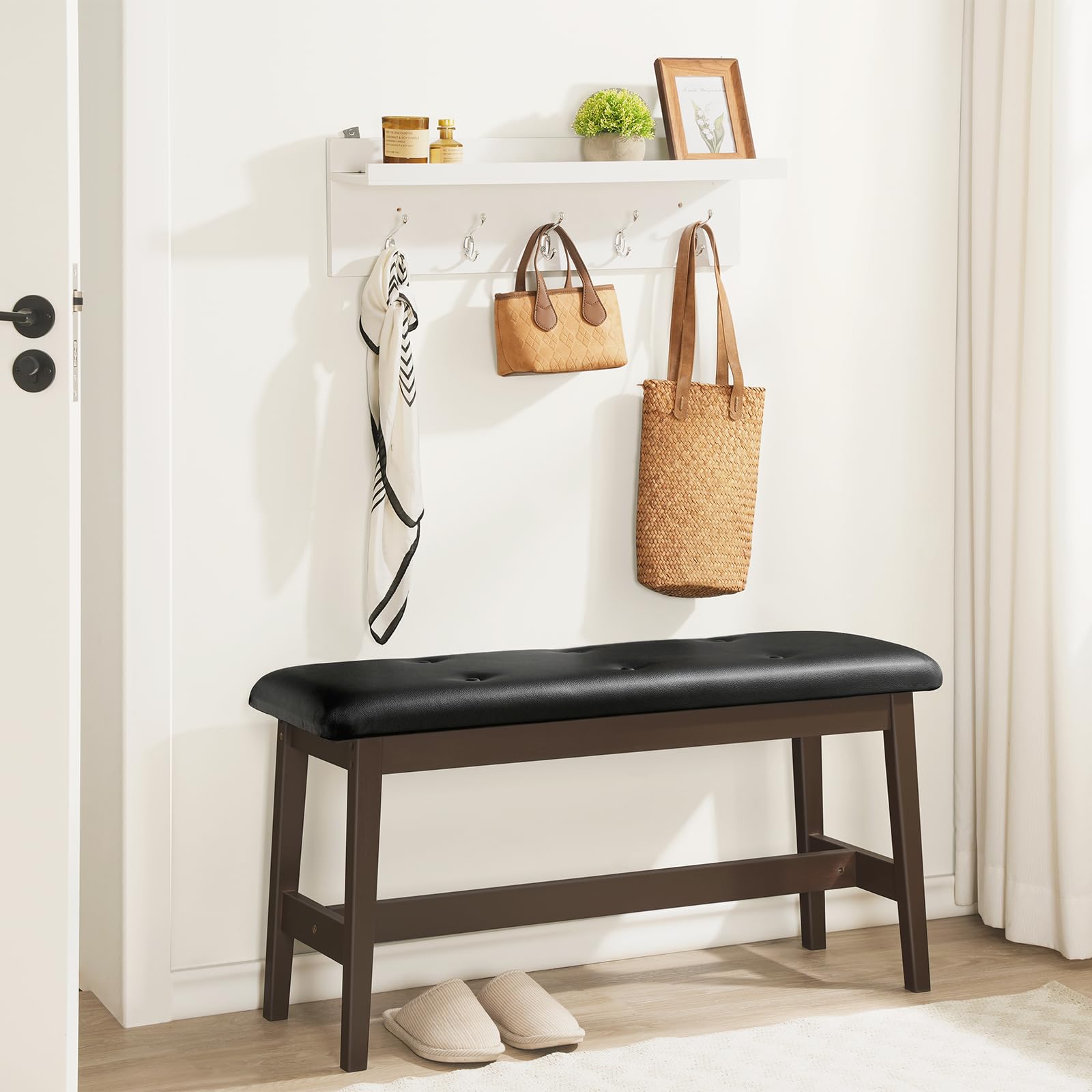 Bamboo Dining Bench with PU Leather Upholstered Seat