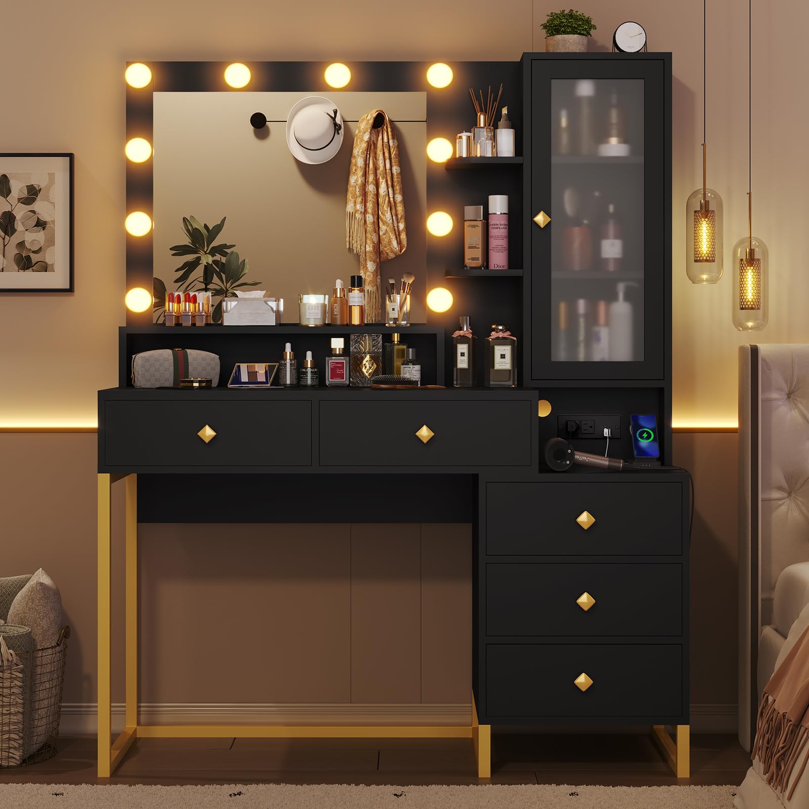Large Makeup Vanity with Lights and Charging Station