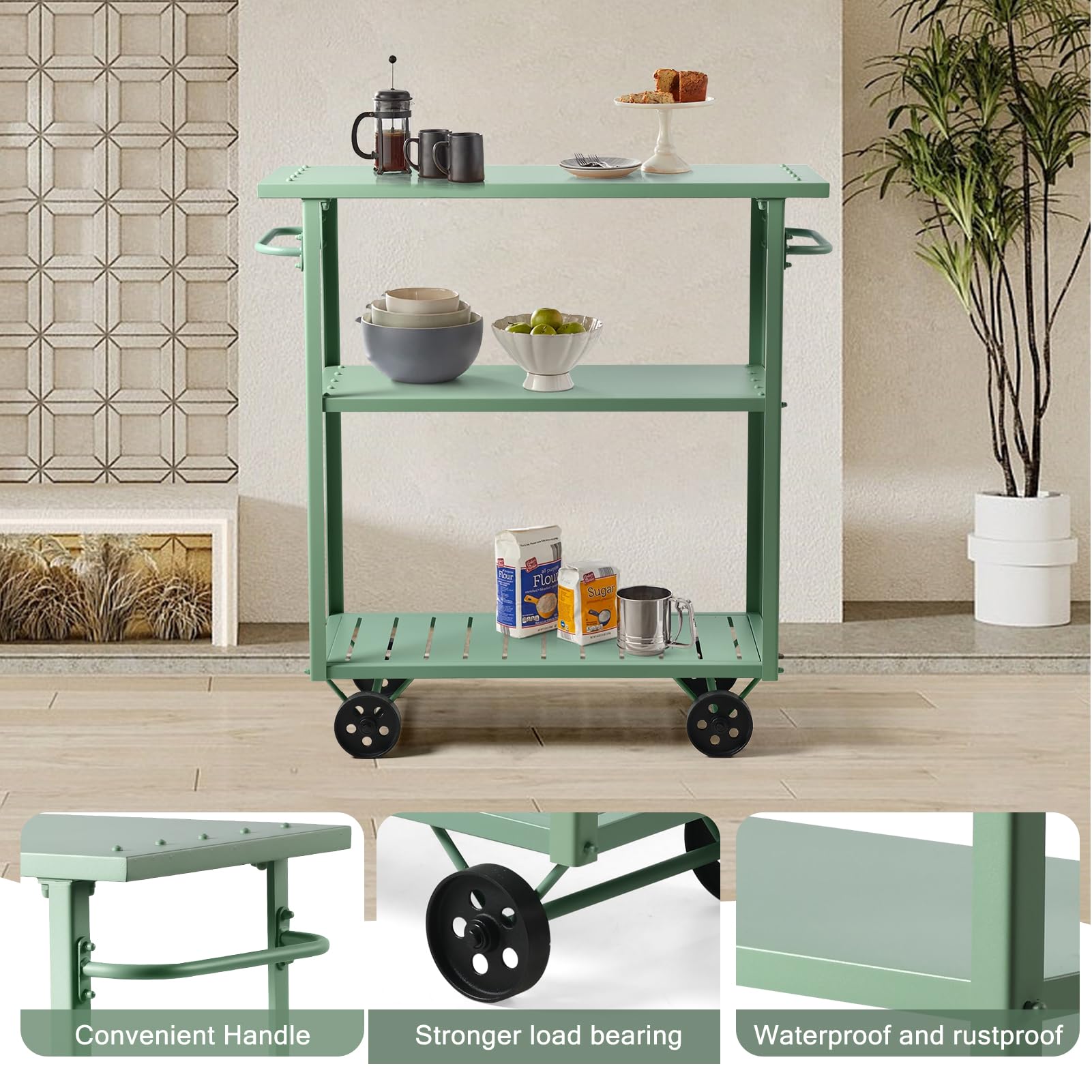 Industrial 3-Tier Mobile Serving Cart with Wheels
