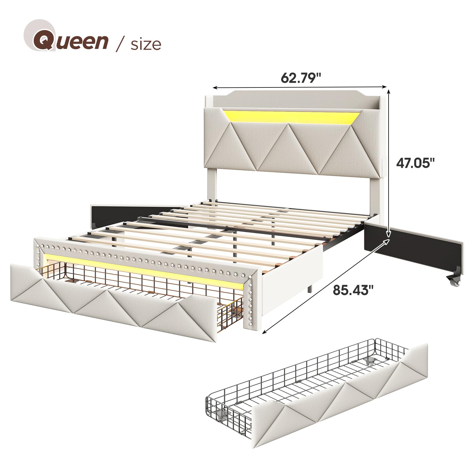 Queen Size Storage Bed with LED Lights