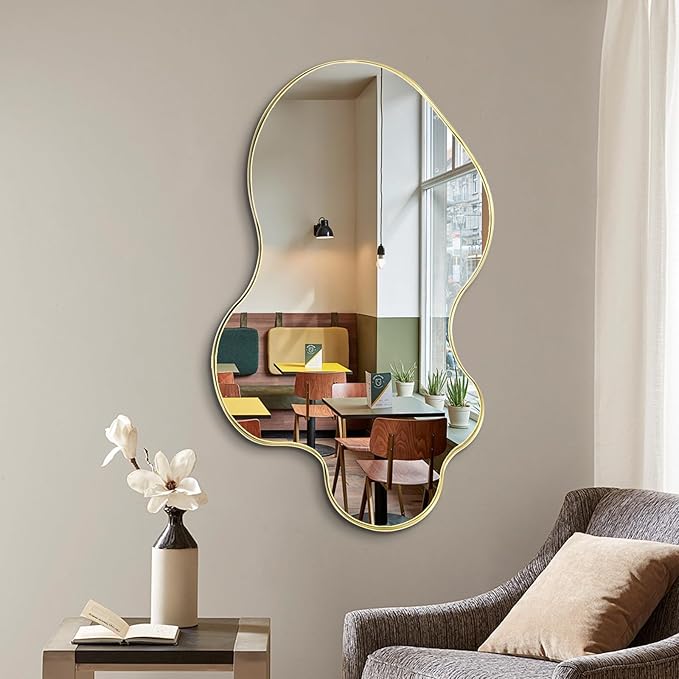 Irregular Asymmetrical Wall Mirror 55x26 with Gold Metal Frame