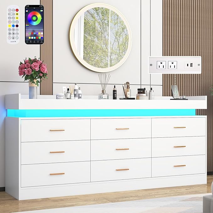 9 Drawer Dresser with LED Light and Charging Station
