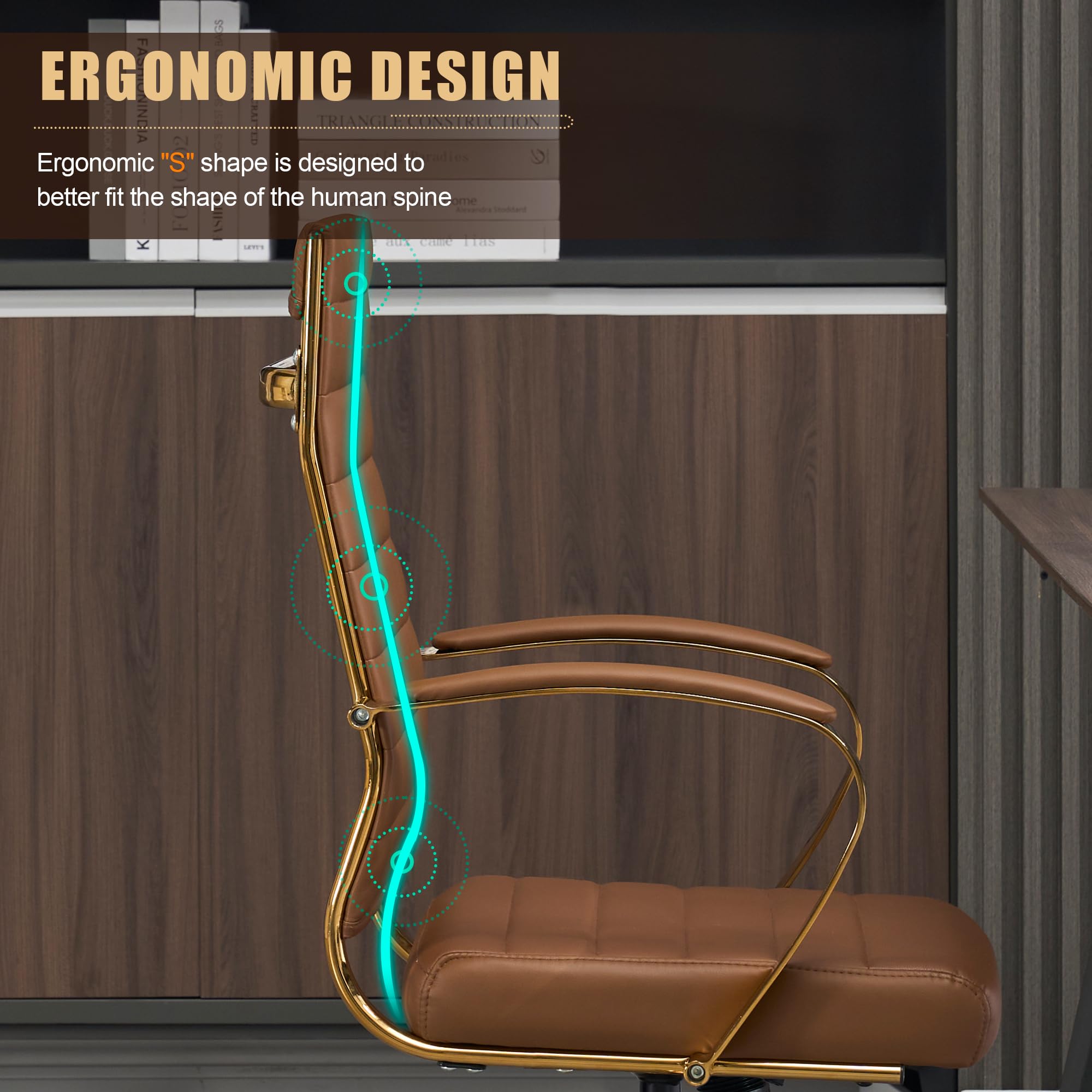 Okeysen Gold Office Desk Chair, Ergonomic Leather Modern Conference Room Chairs, Executive Ribbed Height Adjustable Swivel Rolling Golden Chair for Home Office.