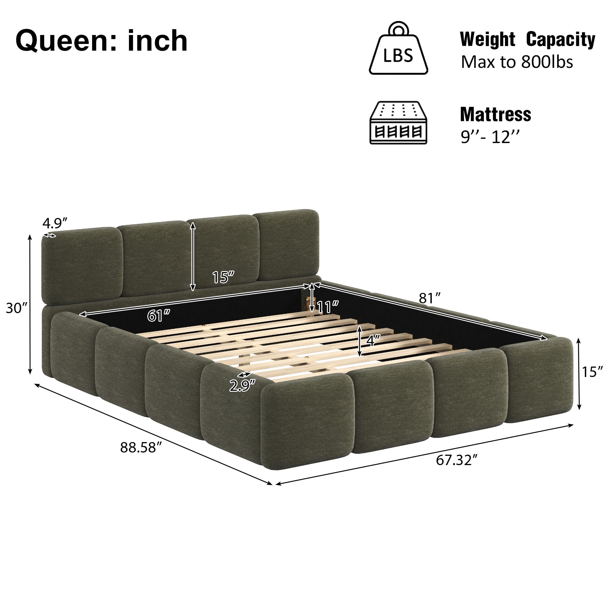 Linen Upholstered King Bed Frame with Headboard - Olive Green
